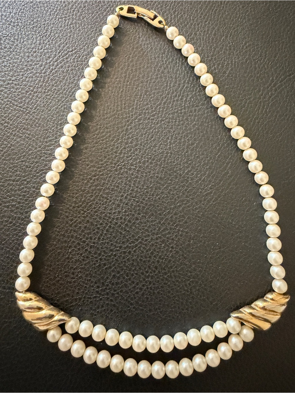 Vintage Napier Faux Pearl Choker Necklace, Gold-Tone Twist Accents, Dbl strand